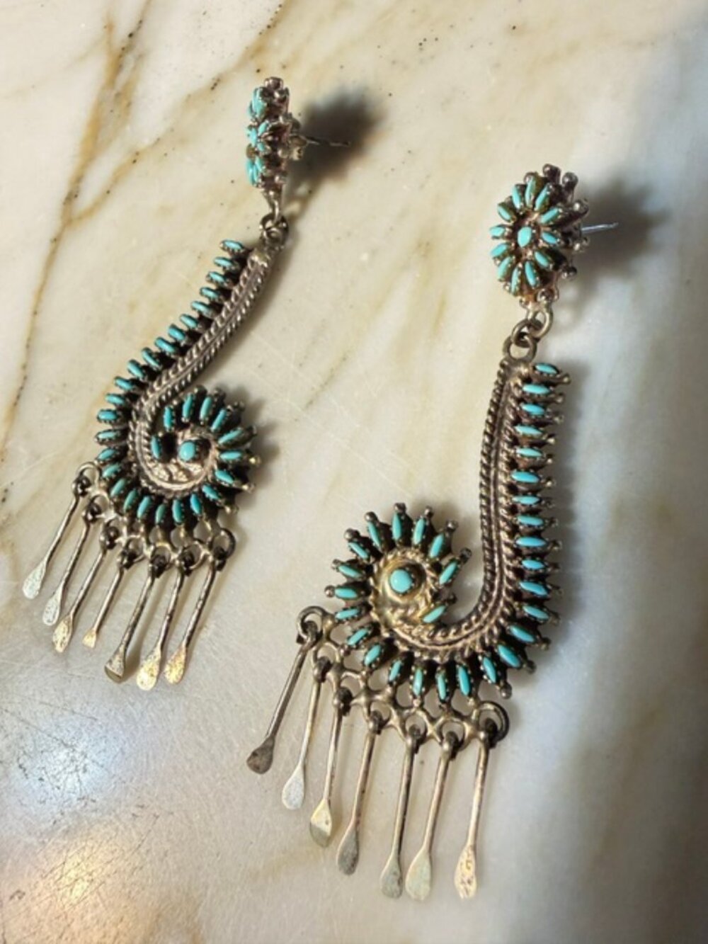 VTG 1970 Zuni Turquoise Needlepoint Chandelier Earrings Signed F S
